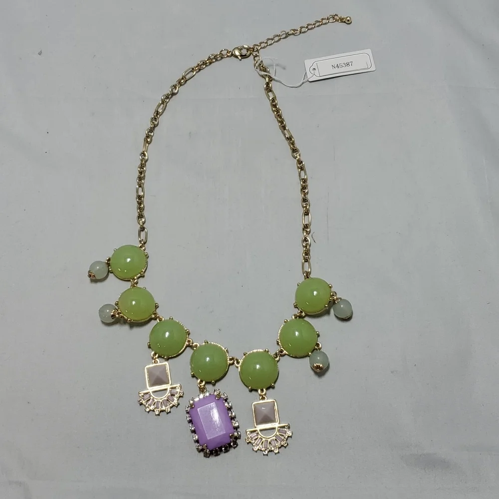 Bijou Drive  gold chain necklace with green and lavender stones with rhinestones - Picture 3 of 4